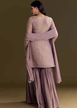 Lavender Tissue Zardosi Embroidered Kurta Set With Organza Dupatta