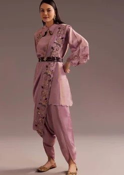 Lavender Zardosi Kurta With Embroidered Dupatta Belt