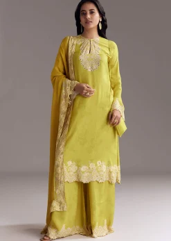 Lemon Green Printed Palazzo Set With Mirror Work