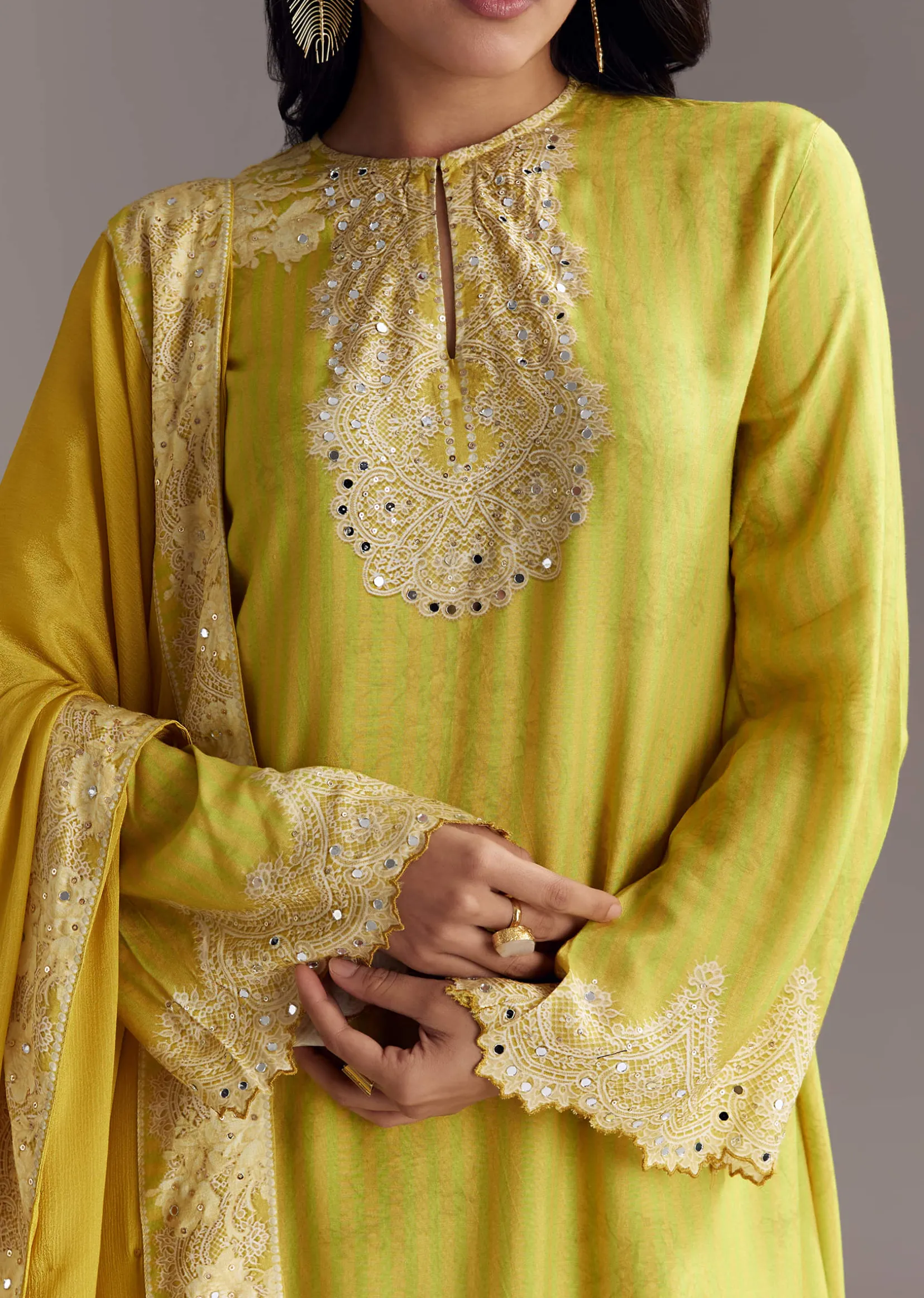 Lemon Green Printed Palazzo Set With Mirror Work