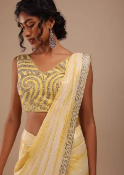 Lemon Yellow And Off-White Ombre Ready To Wear Sequins Saree With Multi-Color Beads Embellishment In Floral Detailing On Pallu Border