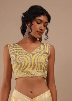 Lemon Yellow And Off-White Ombre Ready To Wear Sequins Saree With Multi-Color Beads Embellishment In Floral Detailing On Pallu Border
