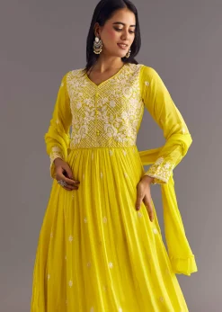 Lemon Yellow Chinon Anarkali With Moti And Sequins Embroidery