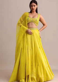 Lemon Yellow Embroidered Lehenga Set With Organza Dupatta