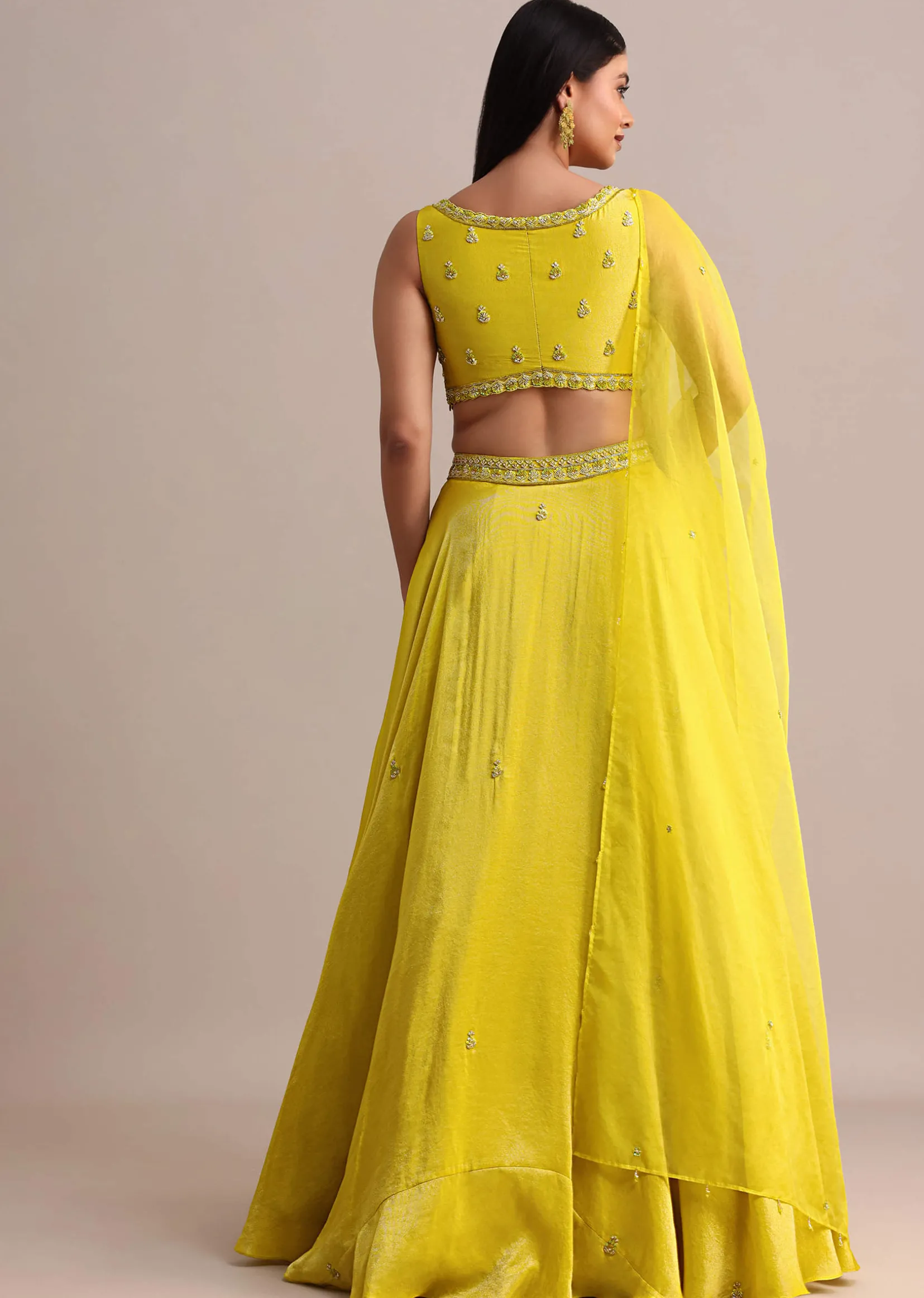 Lemon Yellow Embroidered Lehenga Set With Organza Dupatta