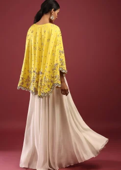 Lemon Yellow High Low Cape And White Palazzo Suit With Sequins And Zardosi Flowers