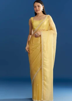 Lemon Yellow Organza Tissue Saree With Beaded Border