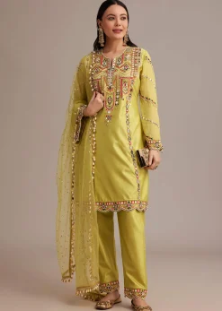 Lemon Yellow Silk Kurta Set With Mirror And Thread Work