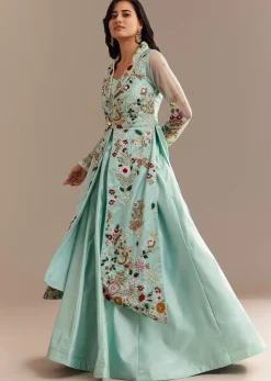Light Aqua Blue Zardosi Embroidered Jacket Lehenga Set