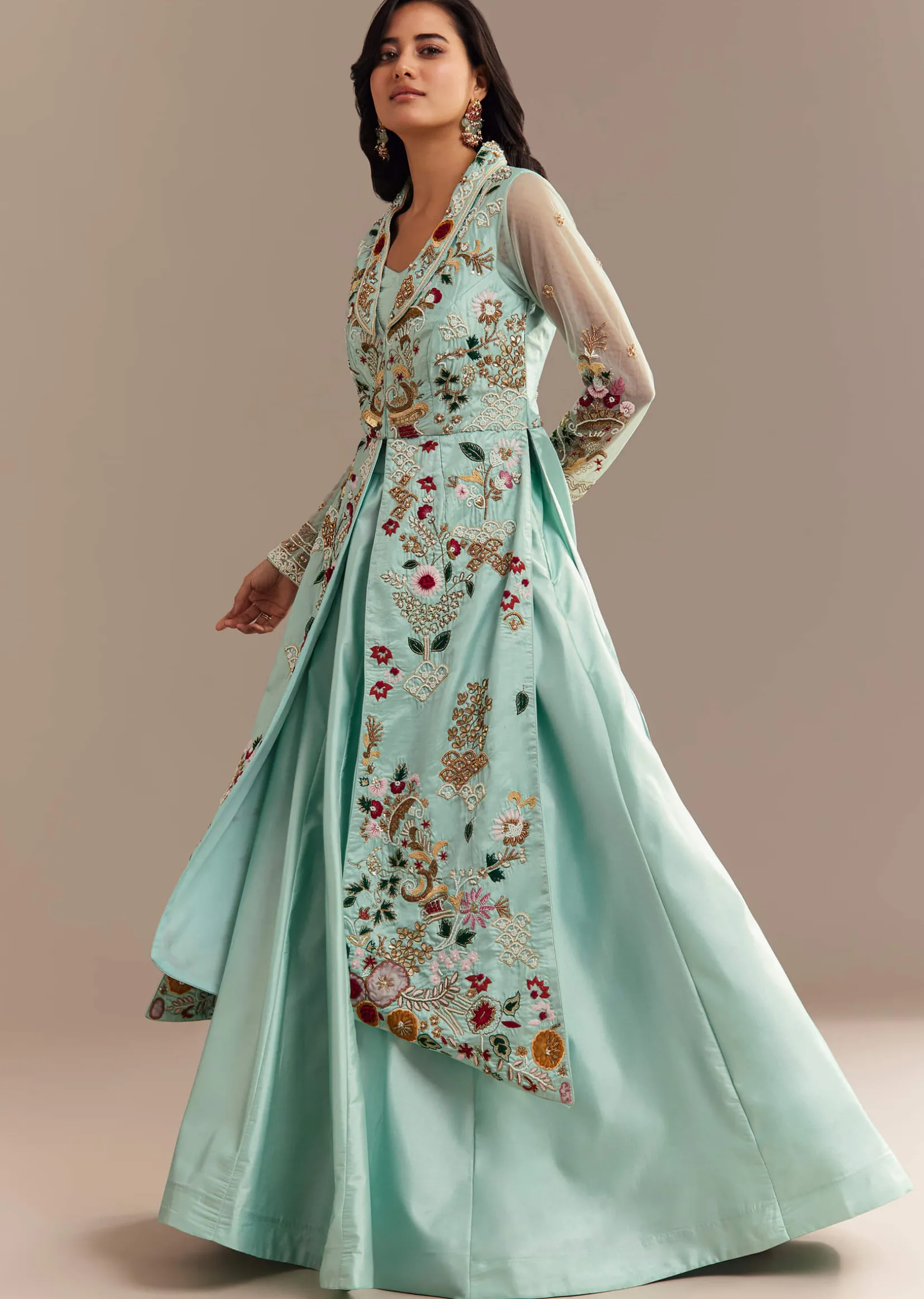Light Aqua Blue Zardosi Embroidered Jacket Lehenga Set