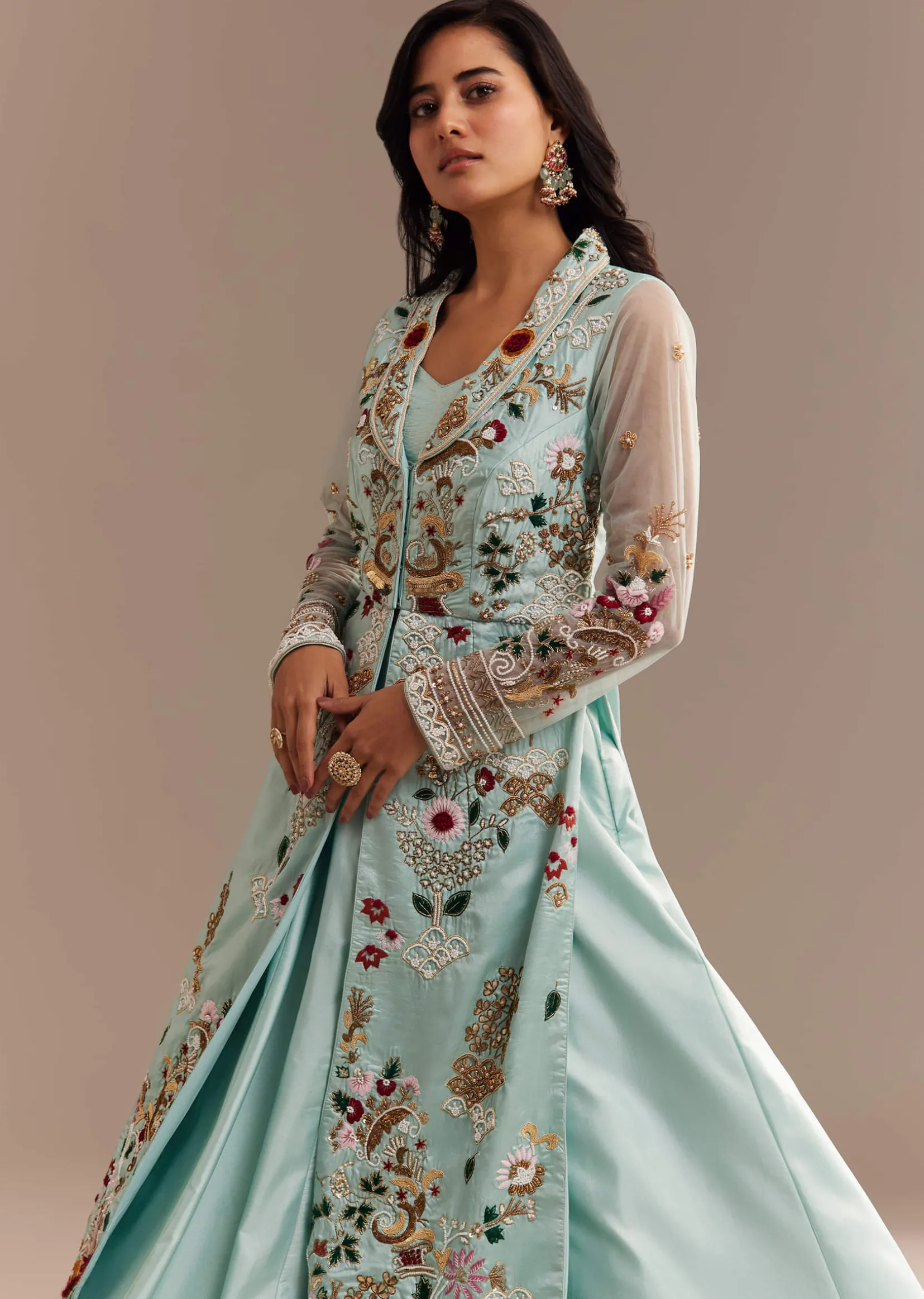 Light Aqua Blue Zardosi Embroidered Jacket Lehenga Set