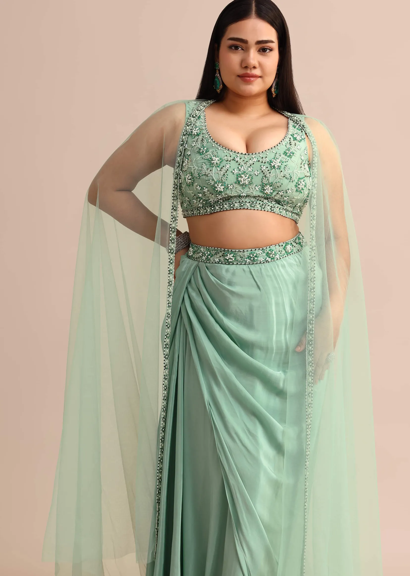 Light Aqua Draped Skirt With Net Cape