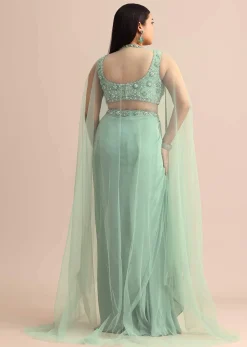 Light Aqua Draped Skirt With Net Cape