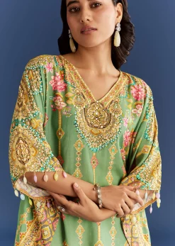 Light Aqua Green Cotton Muslin Kaftaan With Printed Dhoti