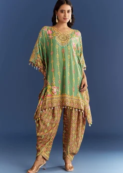 Light Aqua Green Cotton Muslin Kaftaan With Printed Dhoti