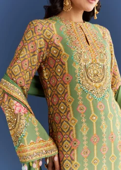 Light Aqua Green Cotton Muslin Kurta Dupatta With Printed Palazzo