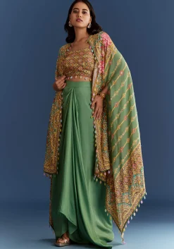 Light Aqua Green Cotton Muslin Printed Croptop Cape Suit