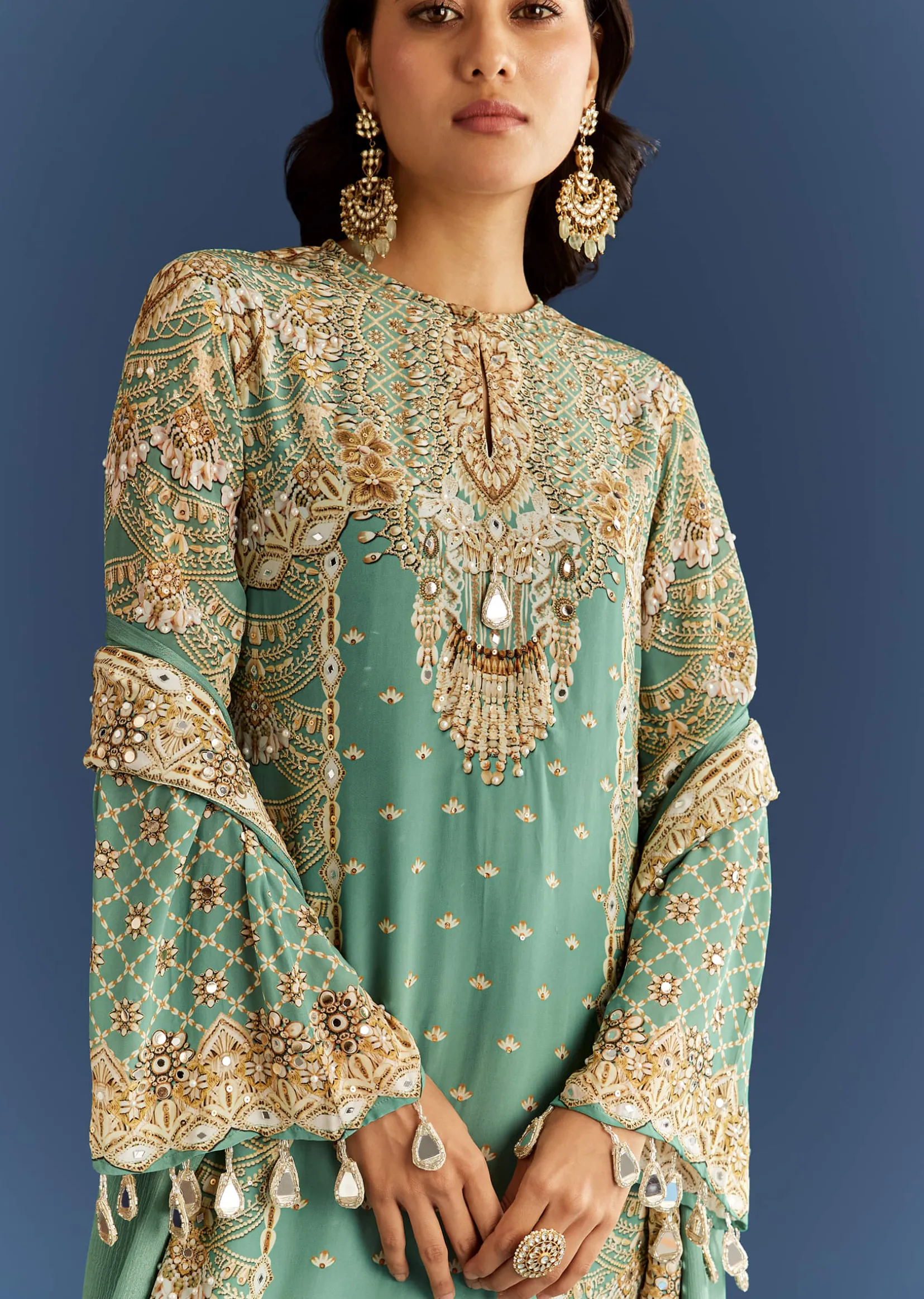 Light Aqua Green Crepe Printed Kurta Palazzo With Dupatta