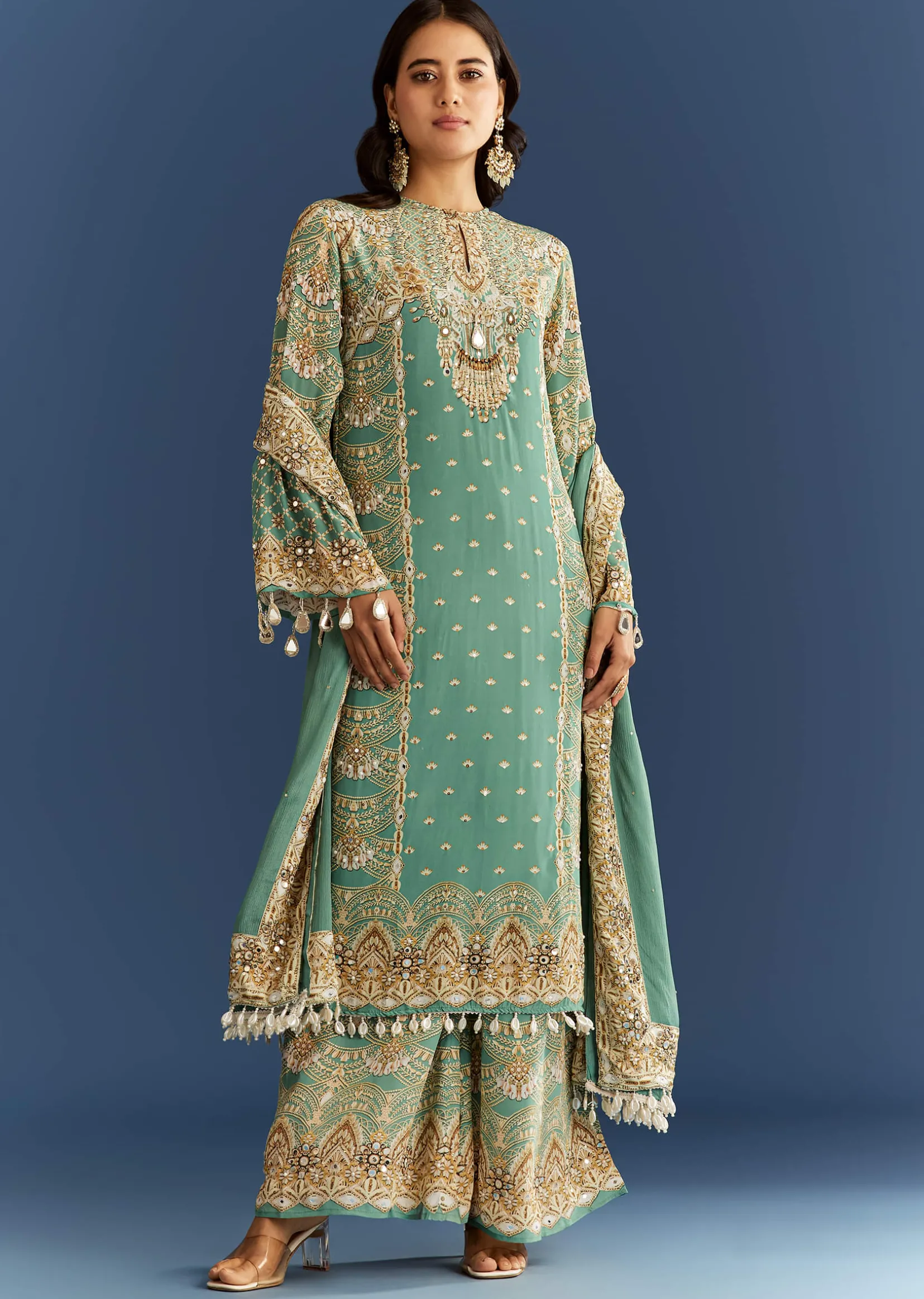 Light Aqua Green Crepe Printed Kurta Palazzo With Dupatta