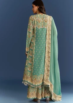 Light Aqua Green Crepe Printed Kurta Palazzo With Dupatta