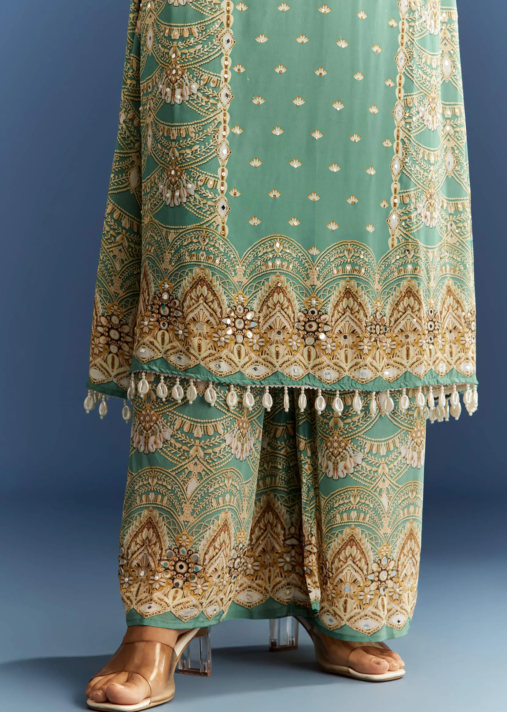 Light Aqua Green Crepe Printed Kurta Palazzo With Dupatta