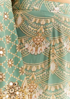 Light Aqua Green Crepe Printed Kurta Palazzo With Dupatta