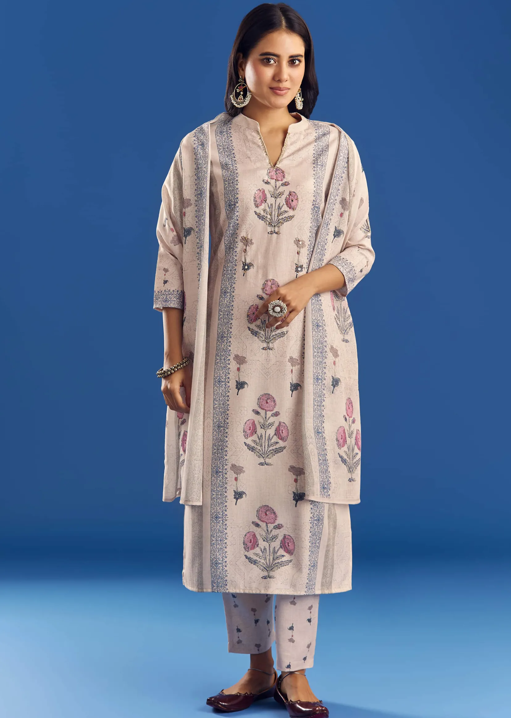 Light Beige Block Print Cotton Kurta Set With Mirror Work