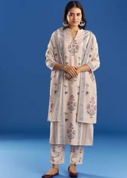 Light Beige Block Print Cotton Kurta Set With Mirror Work