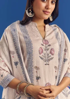 Light Beige Block Print Cotton Kurta Set With Mirror Work