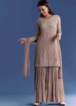 Light Beige Chinon Kurta Set With Cutdana And Sequins Dupatta