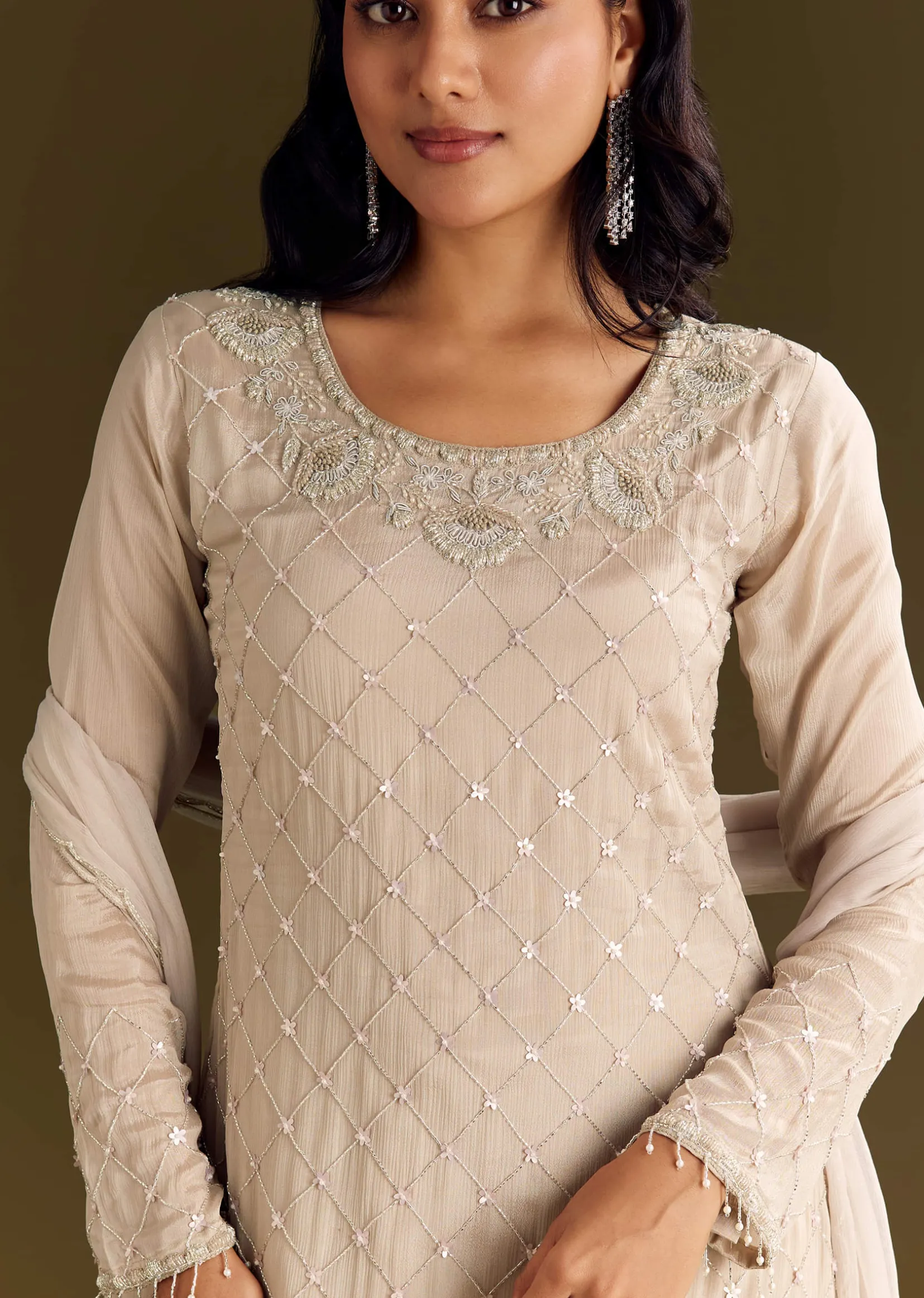 Light Beige Chinon Kurta Palazzo With Scallop Cutdana Dupatta