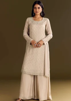 Light Beige Chinon Kurta Palazzo With Scallop Cutdana Dupatta