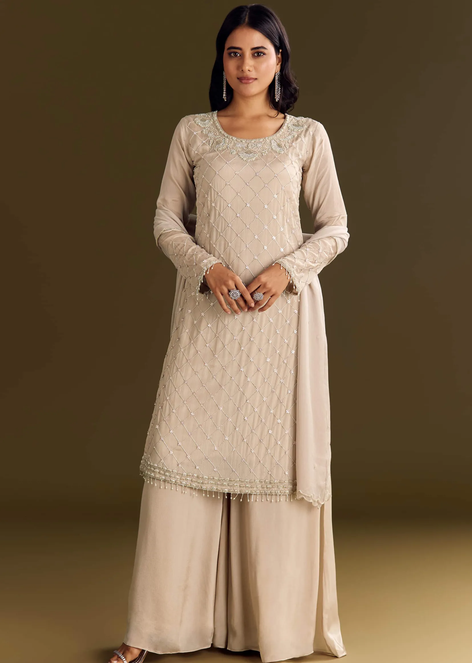 Light Beige Chinon Kurta Palazzo With Scallop Cutdana Dupatta