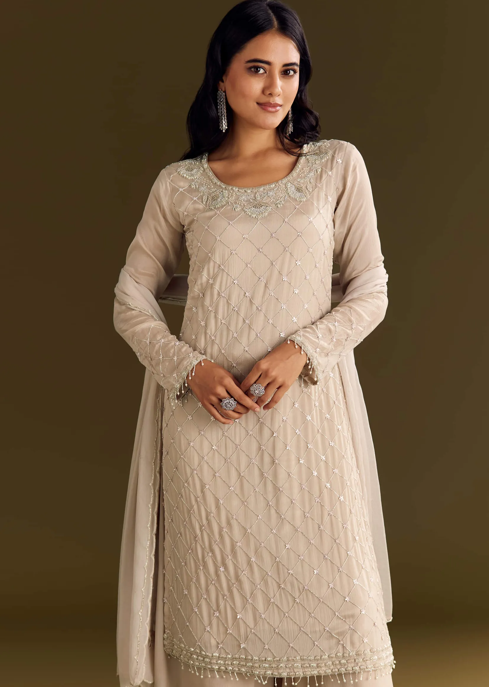 Light Beige Chinon Kurta Palazzo With Scallop Cutdana Dupatta