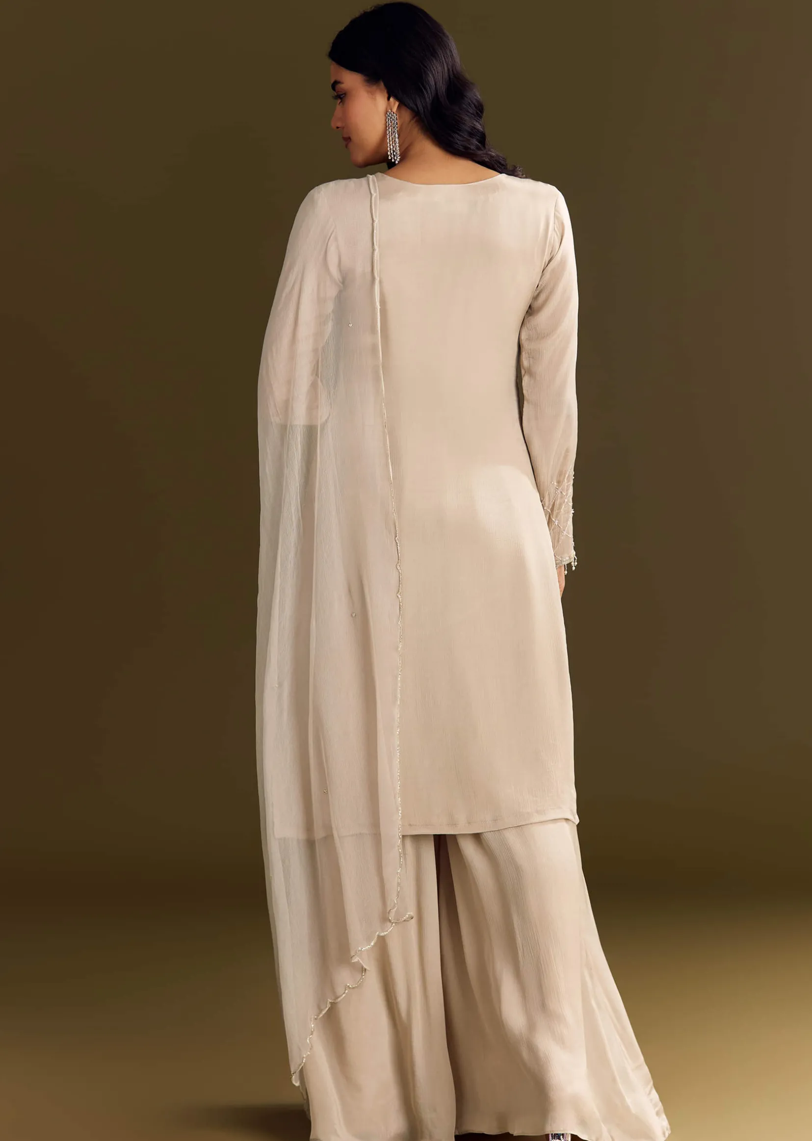 Light Beige Chinon Kurta Palazzo With Scallop Cutdana Dupatta
