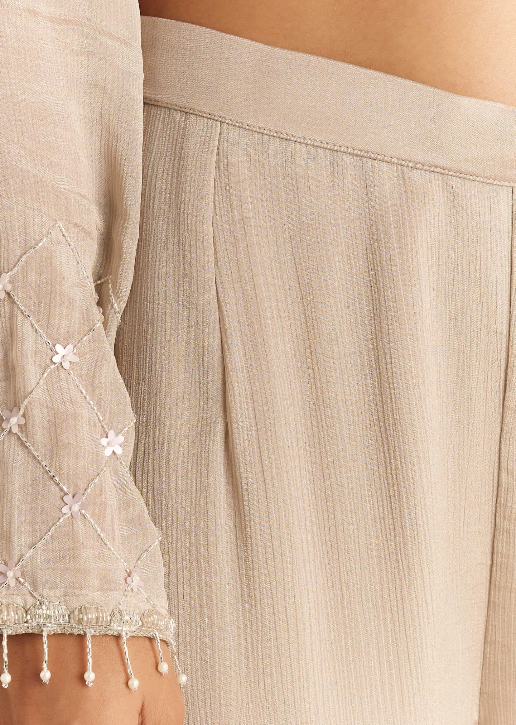 Light Beige Chinon Kurta Palazzo With Scallop Cutdana Dupatta
