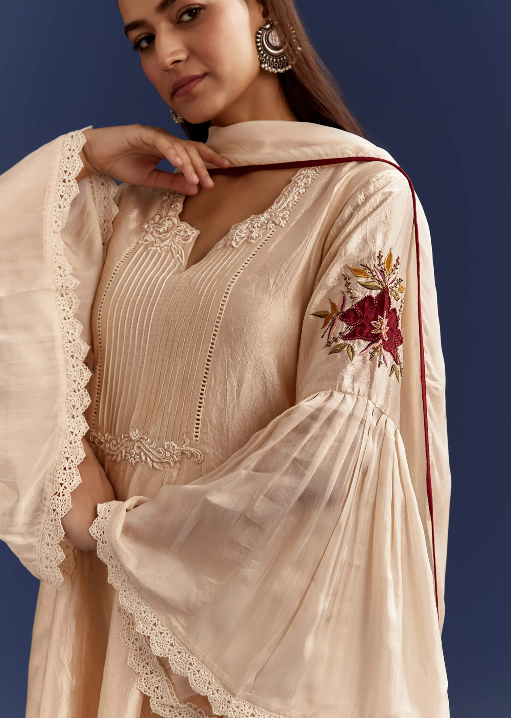 Light Beige High Low Kurta With Cut Dana Beads And Applique Work In Fuji Silk
