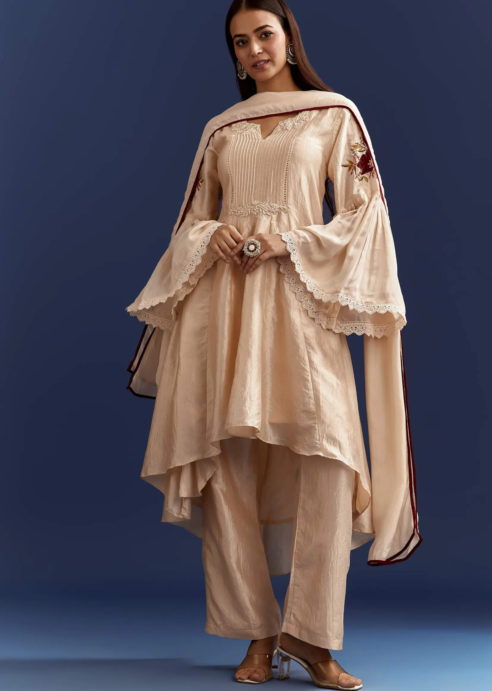 Light Beige High Low Kurta With Cut Dana Beads And Applique Work In Fuji Silk