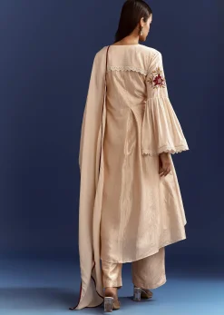 Light Beige High Low Kurta With Cut Dana Beads And Applique Work In Fuji Silk