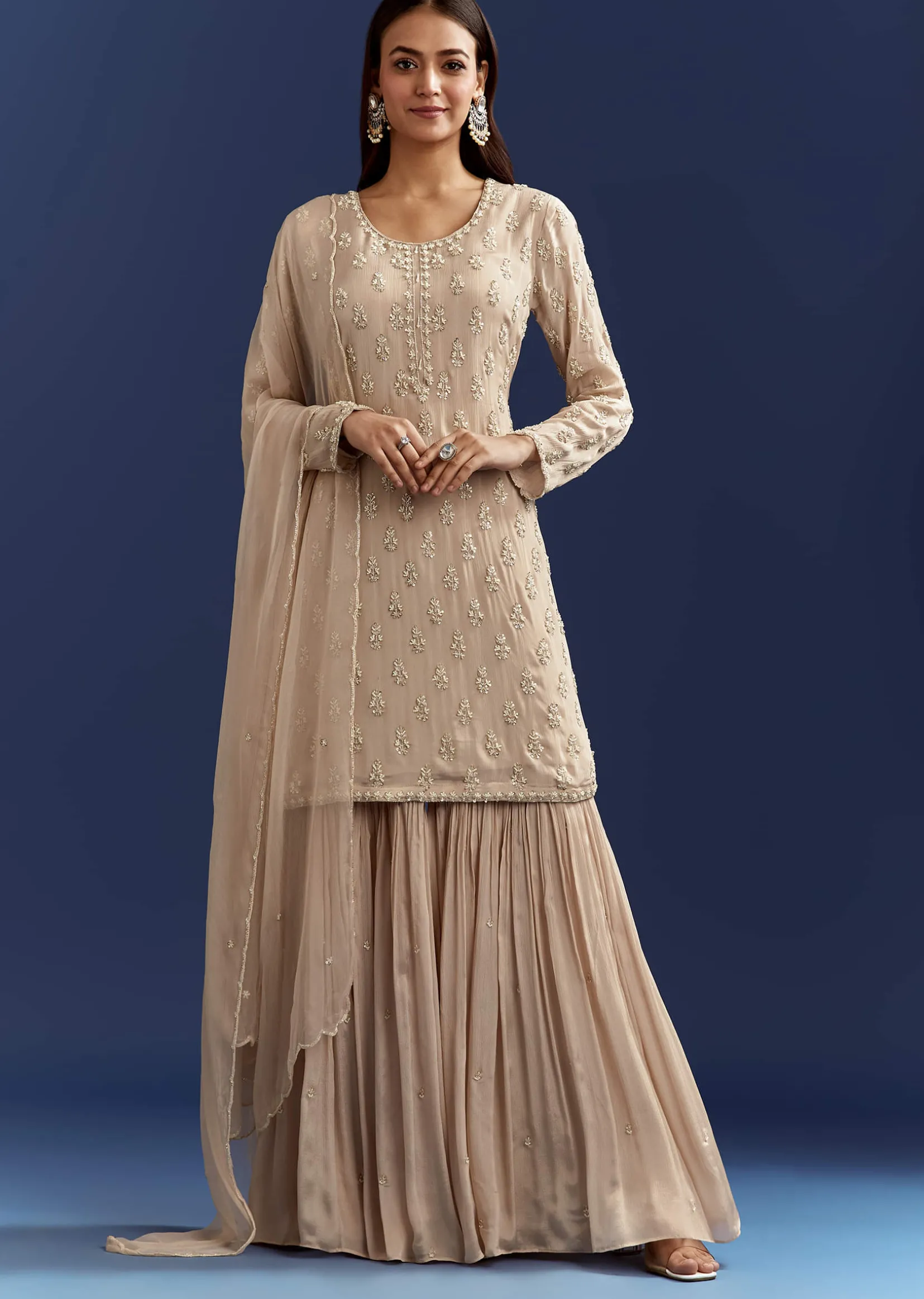 Light Beige Moti And Cutdana Kurta Dupatta With Moti Butti Sharara