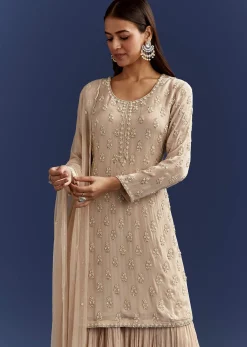 Light Beige Moti And Cutdana Kurta Dupatta With Moti Butti Sharara
