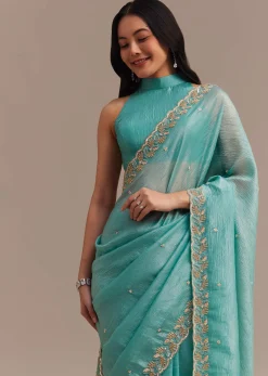 Light Blue Crushed Tissue Saree Embroidered With Cutdana And Sequins