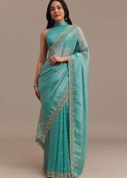 Light Blue Crushed Tissue Saree Embroidered With Cutdana And Sequins