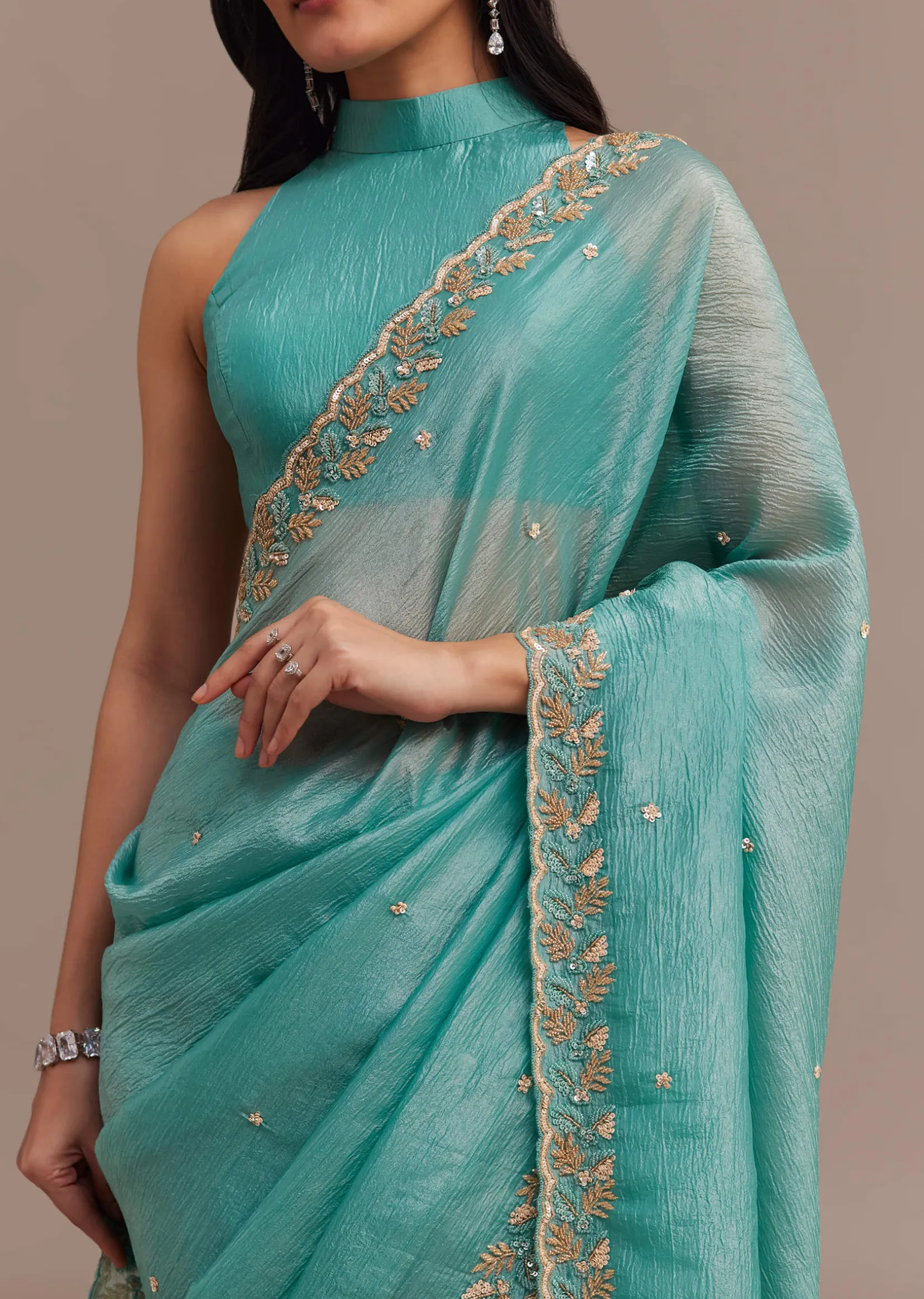 Light Blue Crushed Tissue Saree Embroidered With Cutdana And Sequins