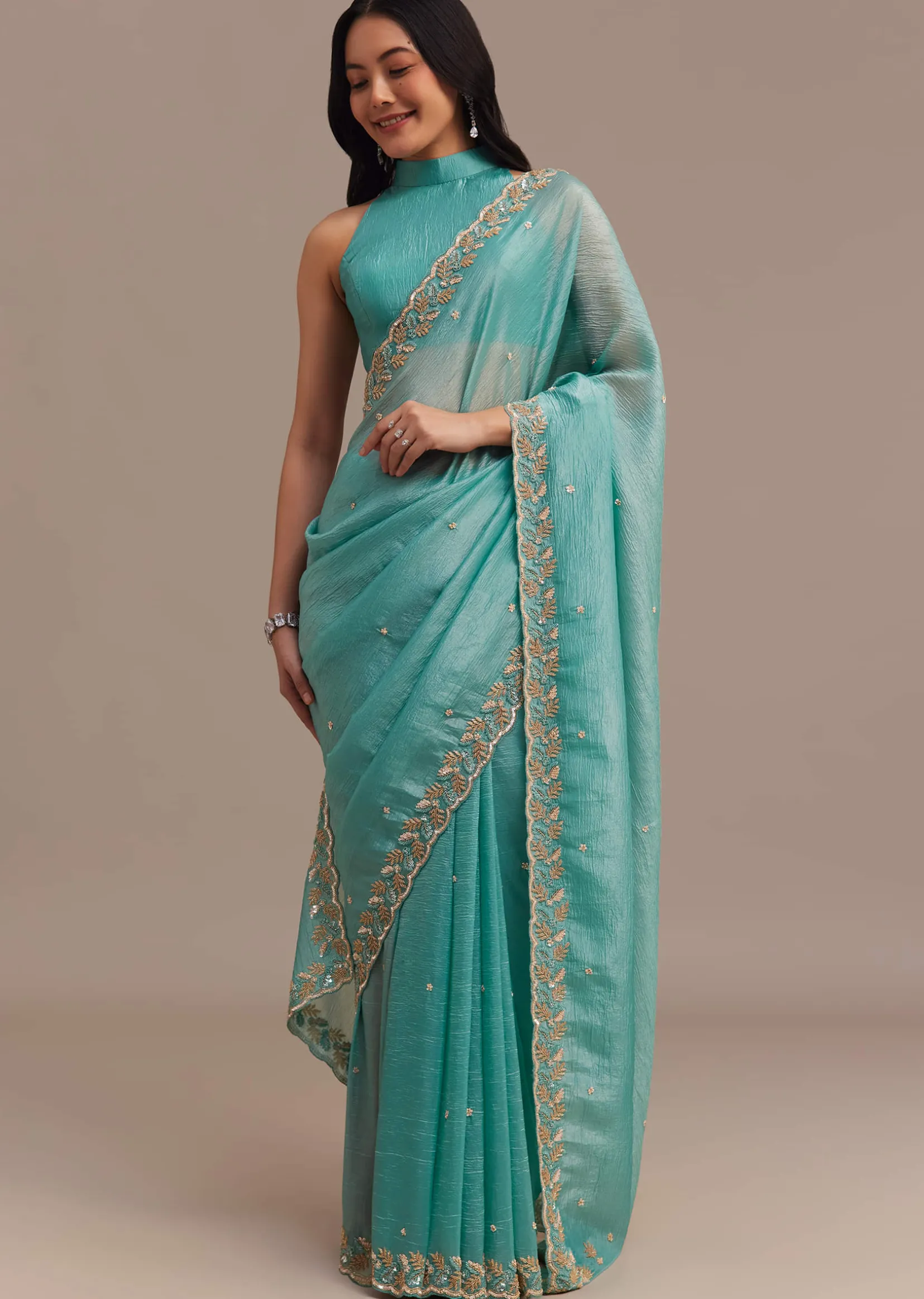 Light Blue Crushed Tissue Saree Embroidered With Cutdana And Sequins