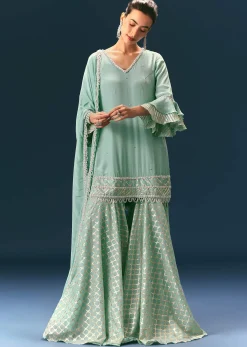 Light Blue Frill Sharara Suit With Tassel Dupatta