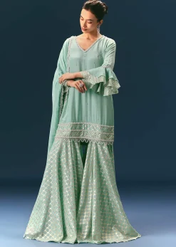 Light Blue Frill Sharara Suit With Tassel Dupatta