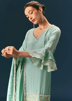 Light Blue Frill Sharara Suit With Tassel Dupatta