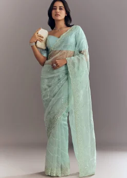Light Blue Glass Tissue Saree With Stone Embroidery And Scallop Border