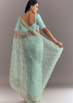 Light Blue Glass Tissue Saree With Stone Embroidery And Scallop Border